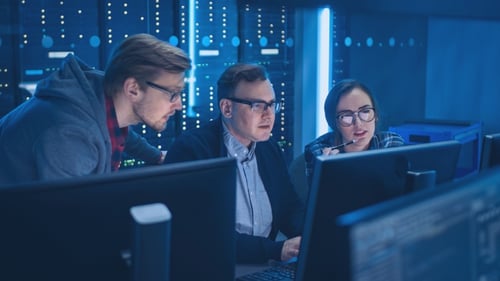 employees looking at data